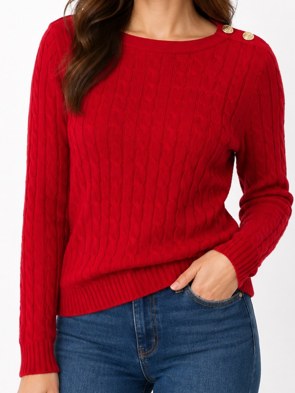 Lauren Ralph Lauren Red Cable Knit 100%Cotton Sweater Gold Button Shoulder Size